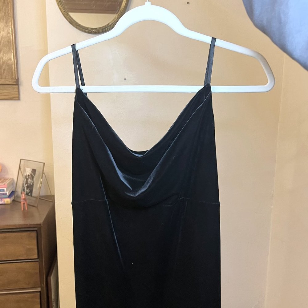 1990s/2000s Ann Taylor Loft Black Velvet Cowl Neck Satin Strapped Evening Gown